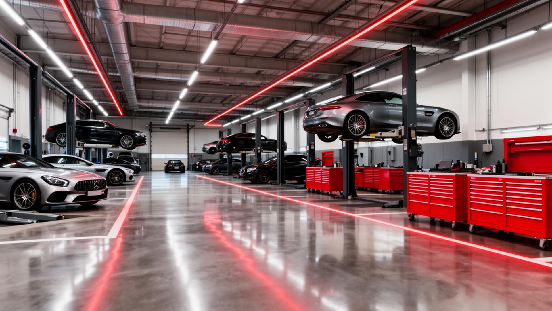 Wide interior view of Northwold Auto Repair: multiple service bays with vehicles on lifts, red toolboxes and red LED ceiling accents