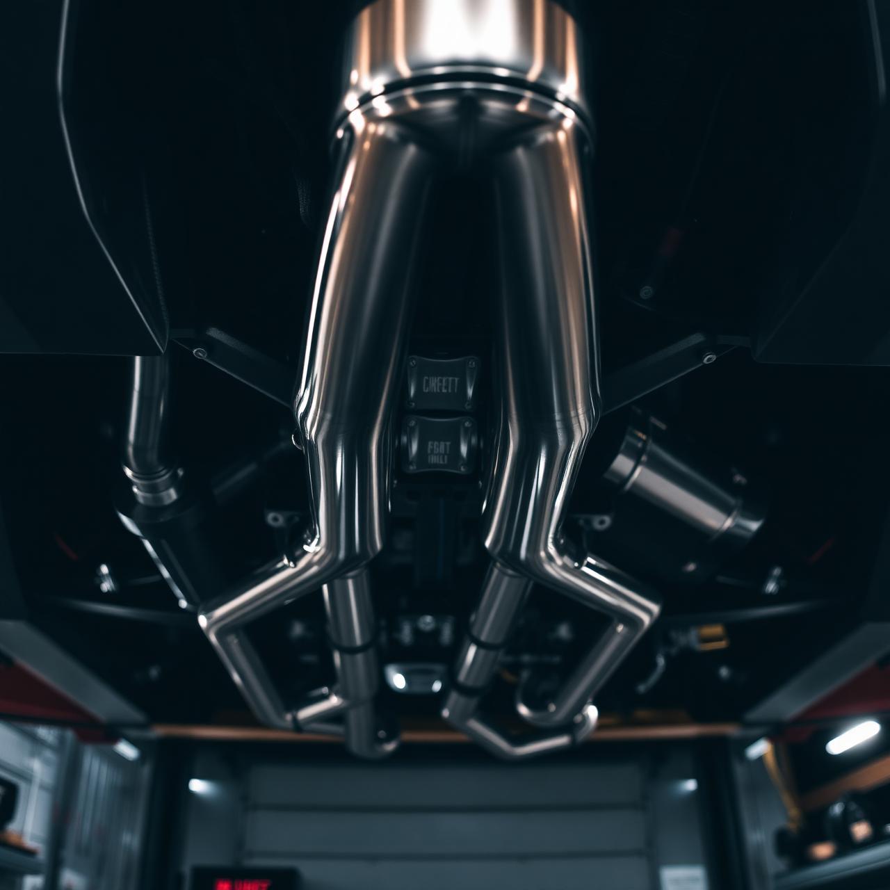 Polished stainless steel exhaust system viewed from beneath a vehicle