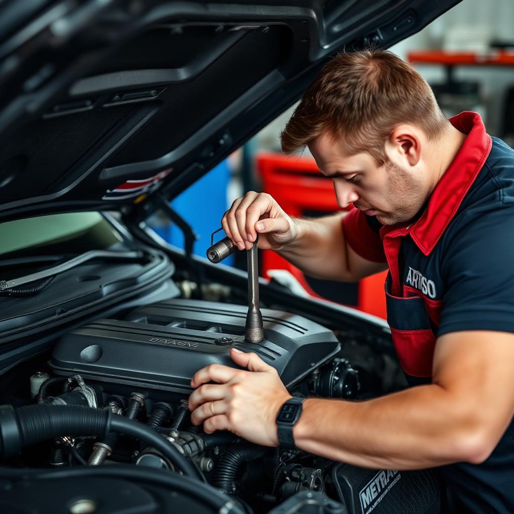 Workshop technician working on drivetrain and transmission components under a lifted vehicle