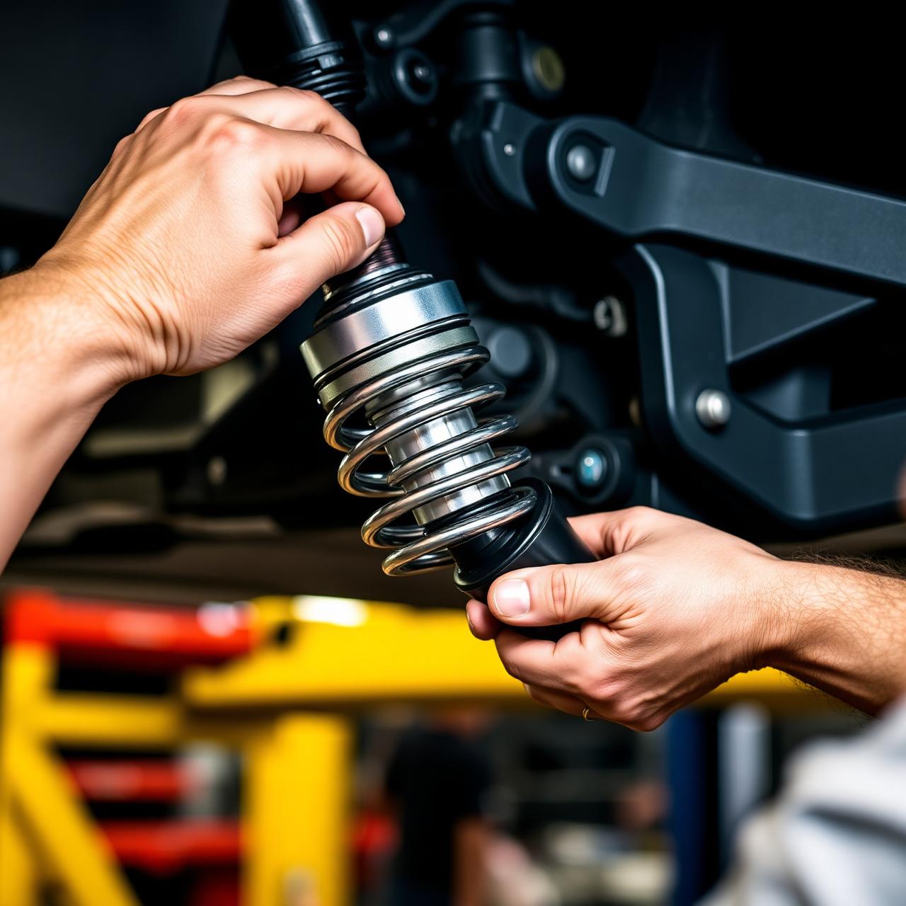 Mechanic's hands installing a coil-over suspension strut on a lifted vehicle